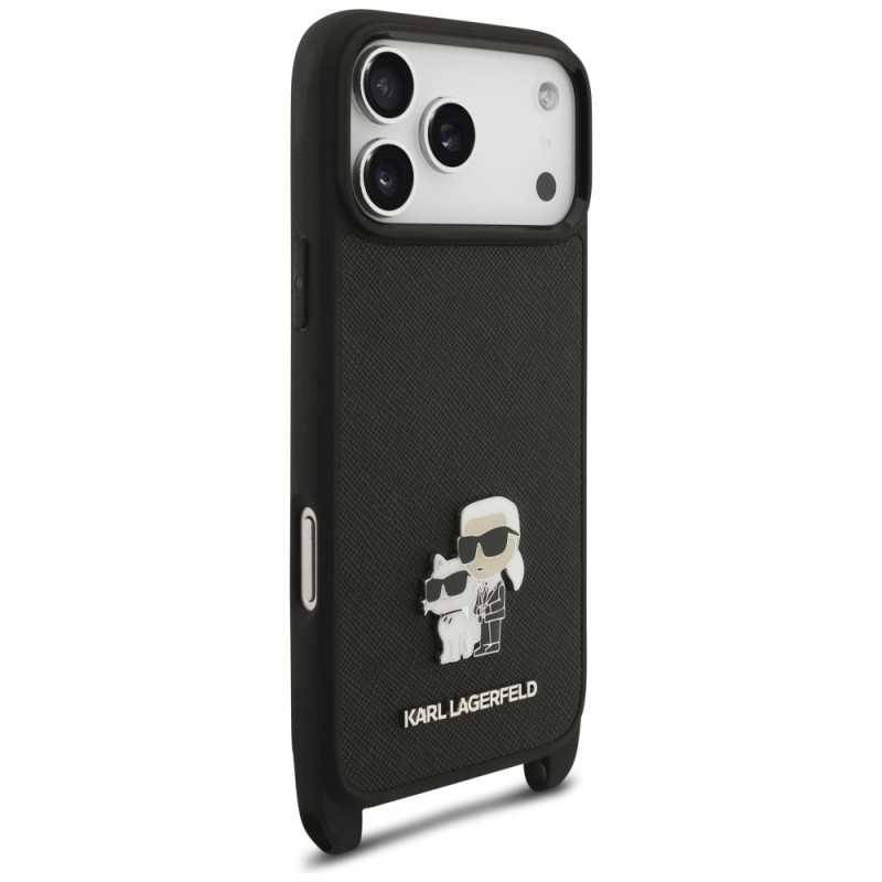 Karl Lagerfeld Saffiano Karl&Choupette Metal Pin CBDY Strap -kotelo Apple iPhone 18 Pro / 17 Pro -puhelimelle, musta