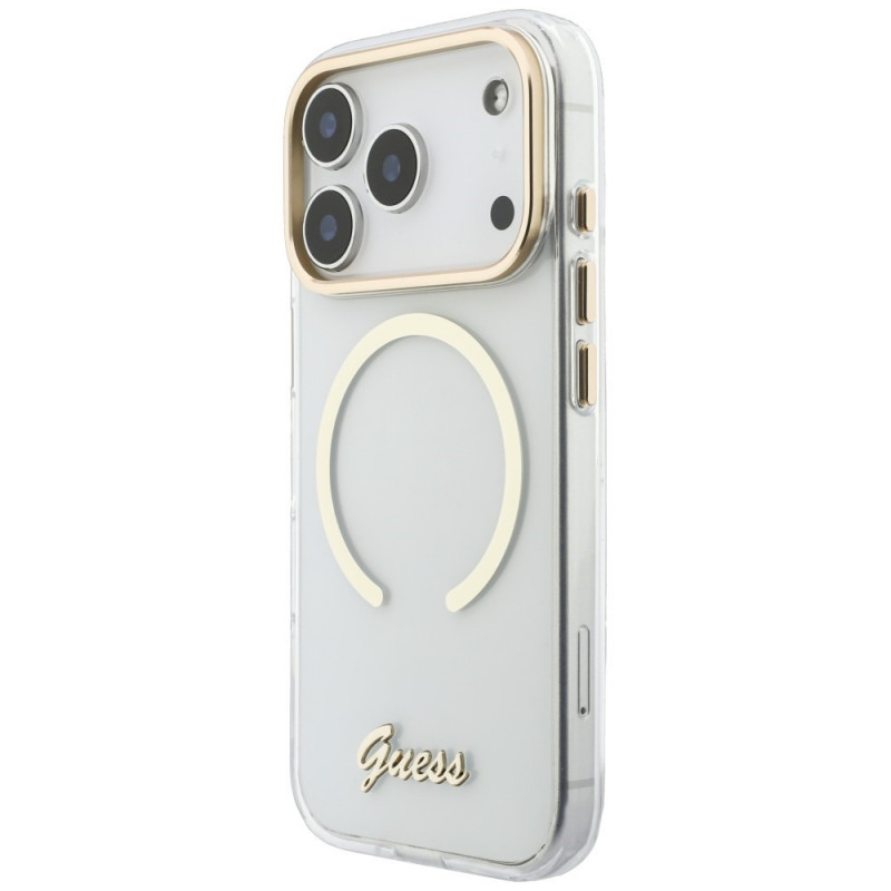 Guess IML Script Metal MagSafe -suojakotelo Apple iPhone 18 Pro / 17 Pro -puhelimelle, läpinäkyvä