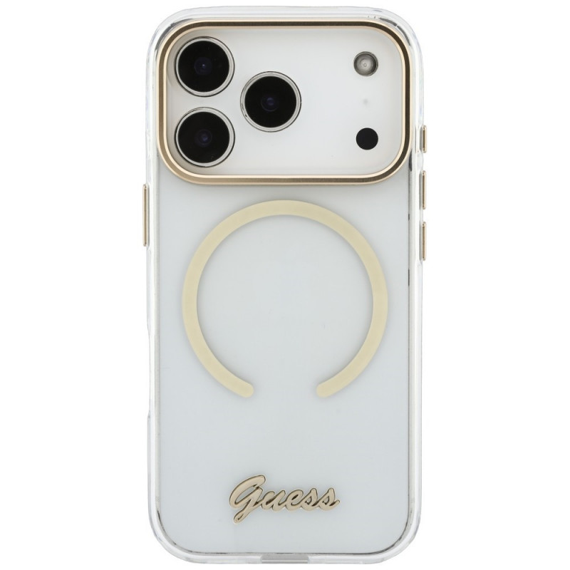 Guess IML Script Metal MagSafe -suojakotelo Apple iPhone 18 Pro / 17 Pro -puhelimelle, läpinäkyvä