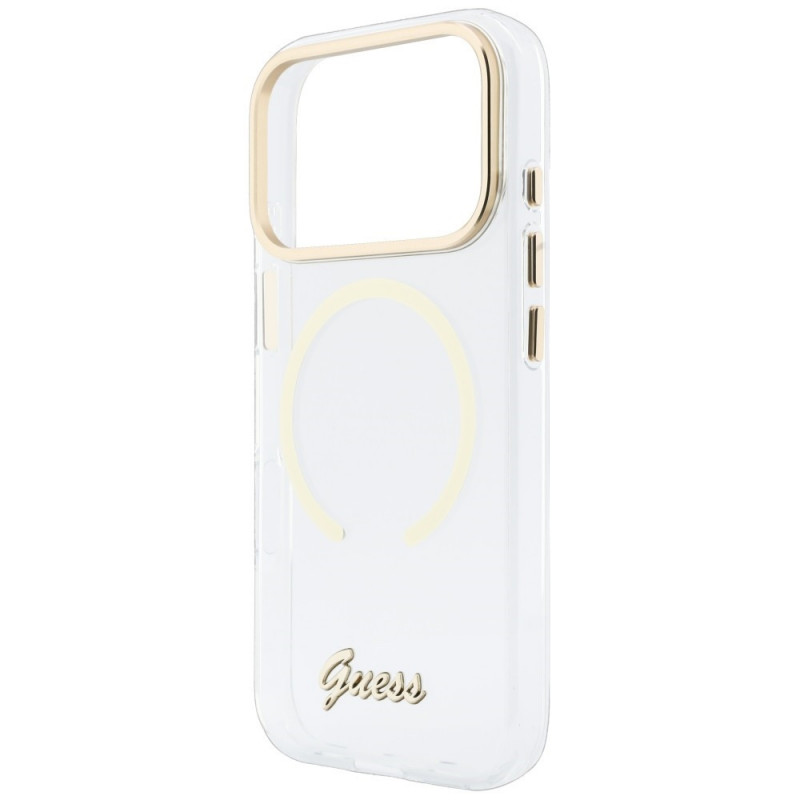 Guess IML Script Metal MagSafe -suojakotelo Apple iPhone 18 Pro / 17 Pro -puhelimelle, läpinäkyvä
