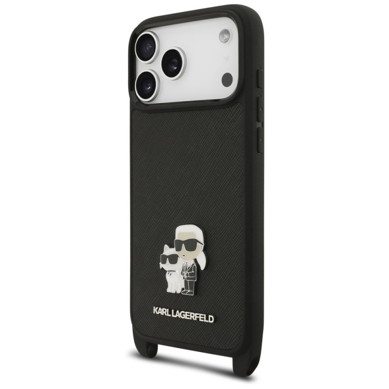 Karl Lagerfeld Saffiano Karl&Choupette Metal Pin CBDY Strap -suojakotelo Apple iPhone 18 Pro Max / 17 Pro Max -puhelimelle, musta