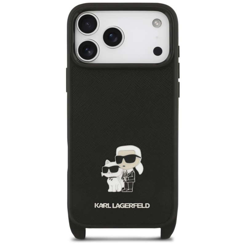 Karl Lagerfeld Saffiano Karl&Choupette Metal Pin CBDY Strap -suojakotelo Apple iPhone 18 Pro Max / 17 Pro Max -puhelimelle, musta