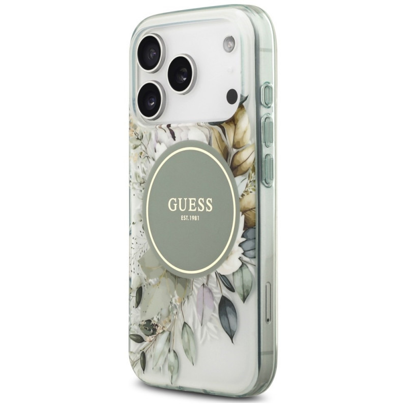 Guess IML Flower & Tonal Circle MagSafe -suojakotelo Apple iPhone 18 Pro Max / 17 Pro Max -puhelimelle, vihreä