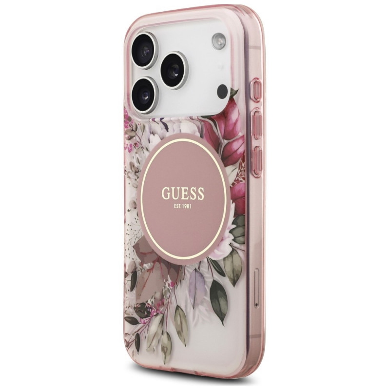 Guess IML Flower & Tonal Circle MagSafe -suojakotelo Apple iPhone 18 Pro Max / 17 Pro Max -puhelimelle, pinkki