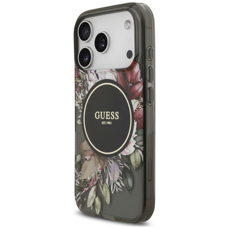 Guess IML Flowers Pearl Strap MagSafe -suojakotelo Apple iPhone 18 Pro / 17 Pro -puhelimelle, musta