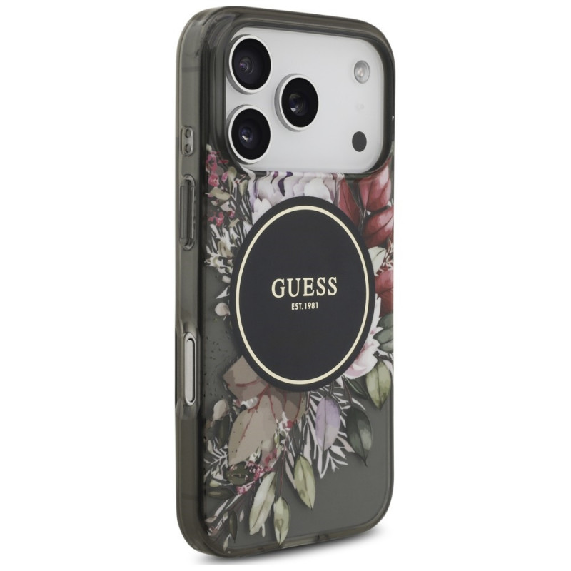 Guess IML Flowers Pearl Strap MagSafe -suojakotelo Apple iPhone 18 Pro / 17 Pro -puhelimelle, musta