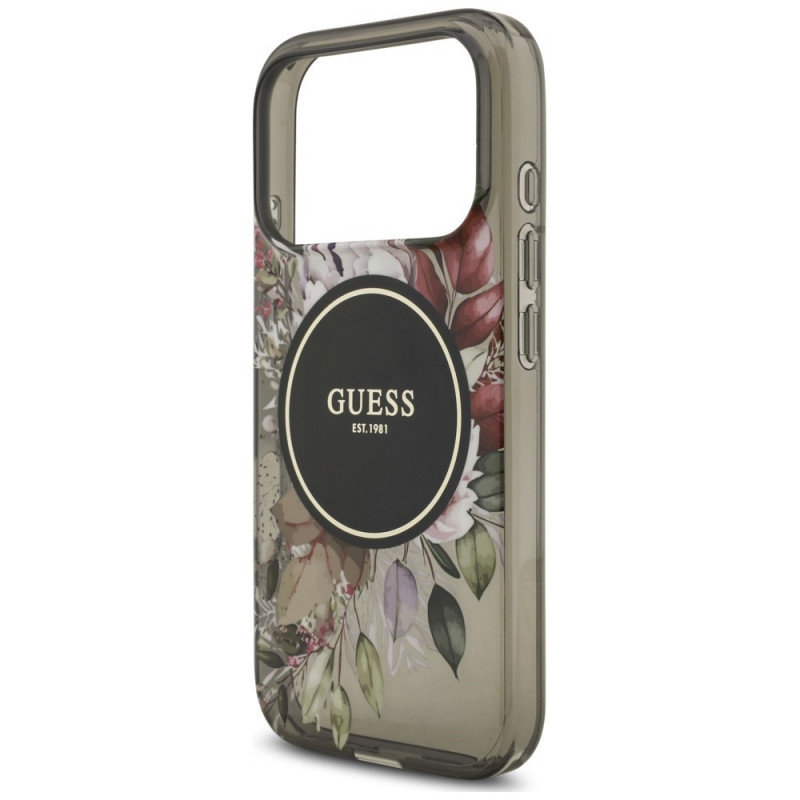 Guess IML Flowers Pearl Strap MagSafe -suojakotelo Apple iPhone 18 Pro / 17 Pro -puhelimelle, musta