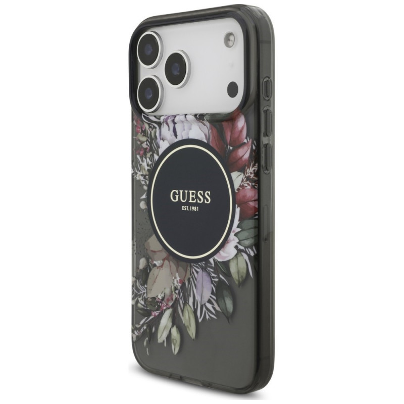 Guess IML Flowers Pearl Strap MagSafe -suojakotelo Apple iPhone 18 Pro Max / 17 Pro Max -puhelimelle, musta