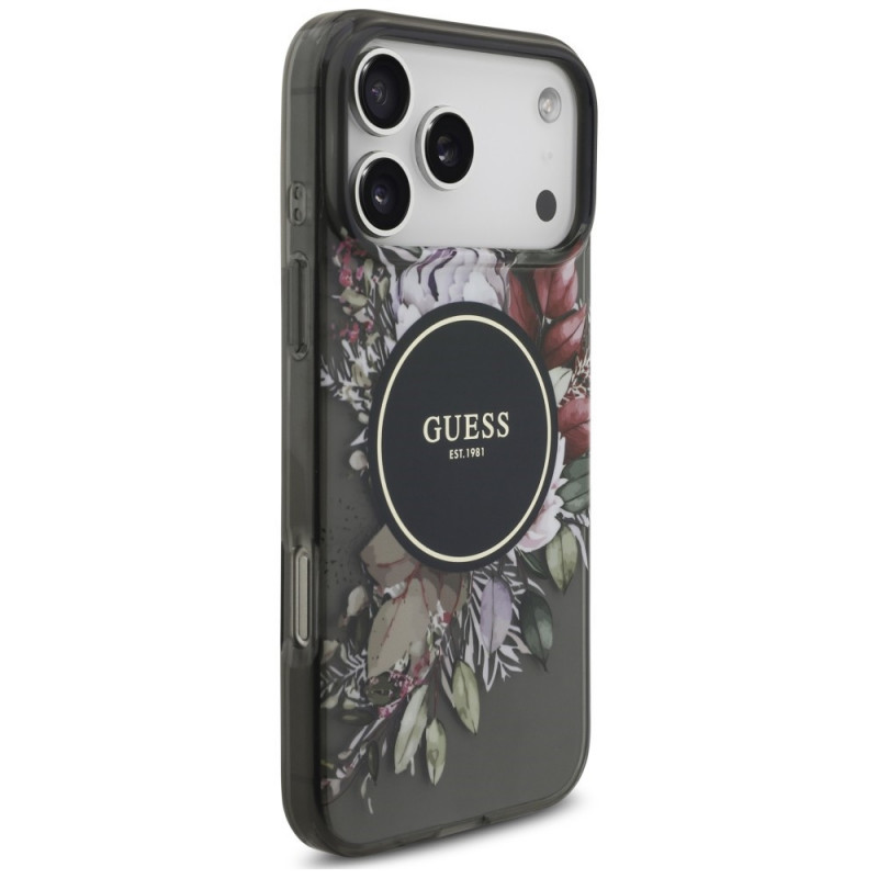 Guess IML Flowers Pearl Strap MagSafe -suojakotelo Apple iPhone 18 Pro Max / 17 Pro Max -puhelimelle, musta