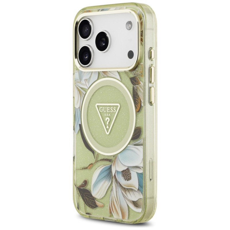 Guess IML Glitter Flowers Triangle MagSafe -suojakotelo Apple iPhone 18 Pro Max / 17 Pro Max -puhelimelle, vihreä