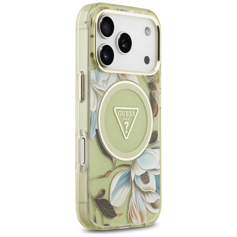 Guess IML Glitter Flowers Triangle MagSafe -suojakotelo Apple iPhone 18 Pro Max / 17 Pro Max -puhelimelle, vihreä