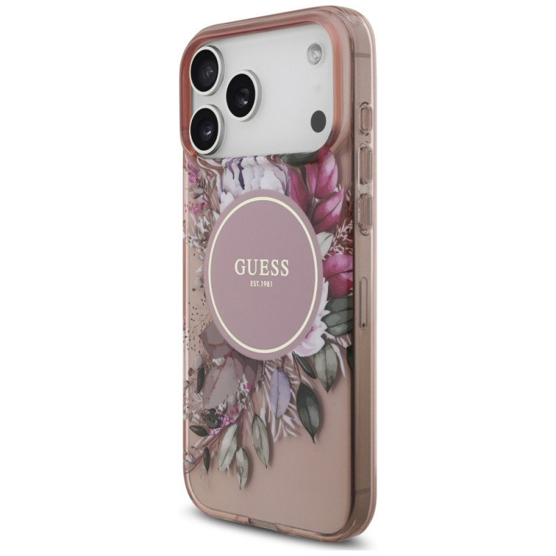 Guess IML Flowers Pearl Strap MagSafe -suojakotelo Apple iPhone 18 Pro Max / 17 Pro Max -puhelimelle, pinkki