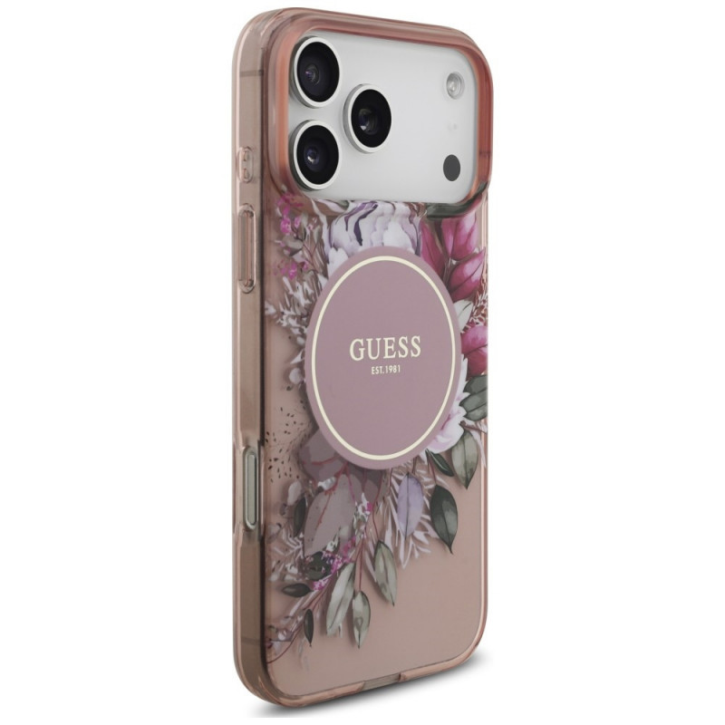 Guess IML Flowers Pearl Strap MagSafe -suojakotelo Apple iPhone 18 Pro Max / 17 Pro Max -puhelimelle, pinkki