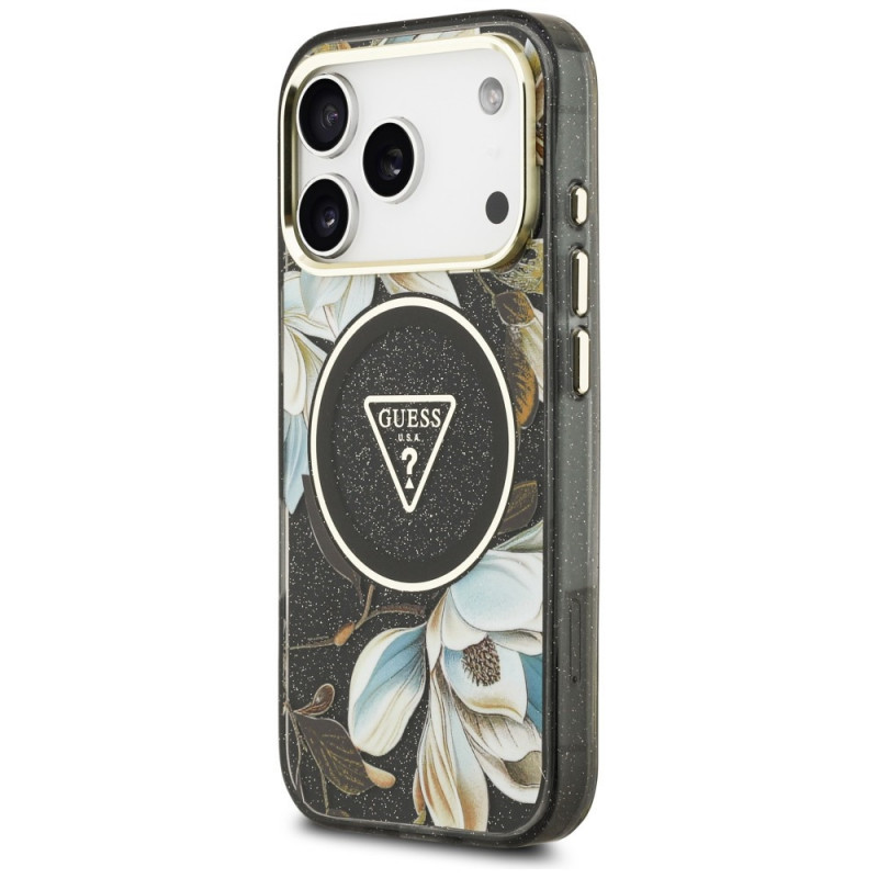 Guess IML Glitter Flowers Triangle MagSafe -kuori Apple iPhone 18 Pro Max / 17 Pro Max -puhelimelle, musta