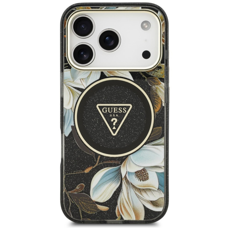 Guess IML Glitter Flowers Triangle MagSafe -kuori Apple iPhone 18 Pro Max / 17 Pro Max -puhelimelle, musta