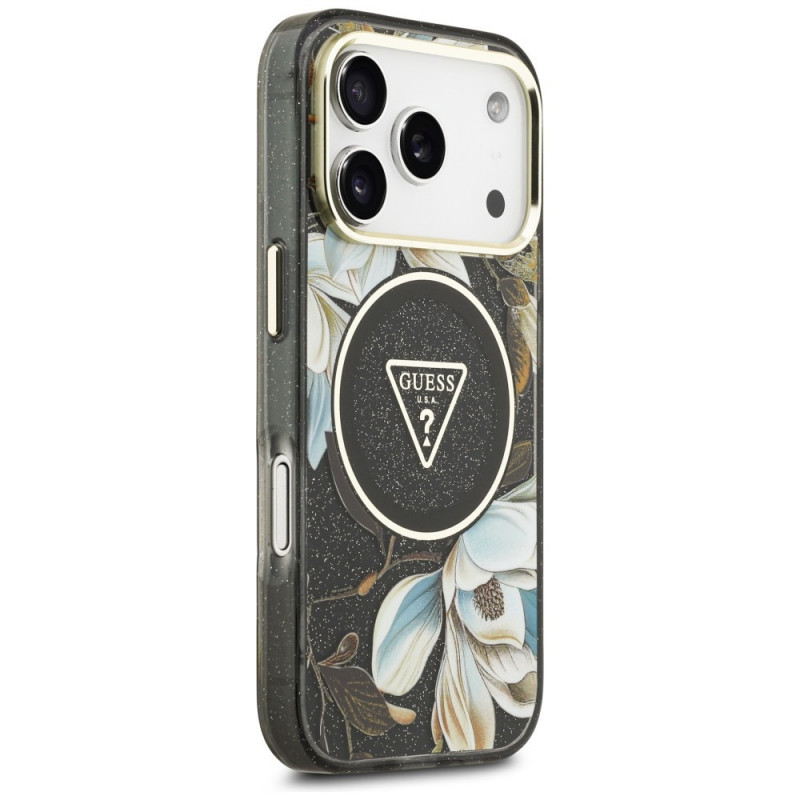 Guess IML Glitter Flowers Triangle MagSafe -kuori Apple iPhone 18 Pro Max / 17 Pro Max -puhelimelle, musta