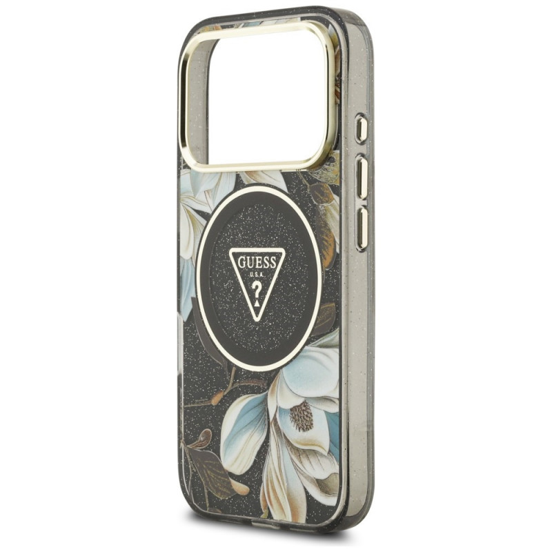 Guess IML Glitter Flowers Triangle MagSafe -kuori Apple iPhone 18 Pro Max / 17 Pro Max -puhelimelle, musta