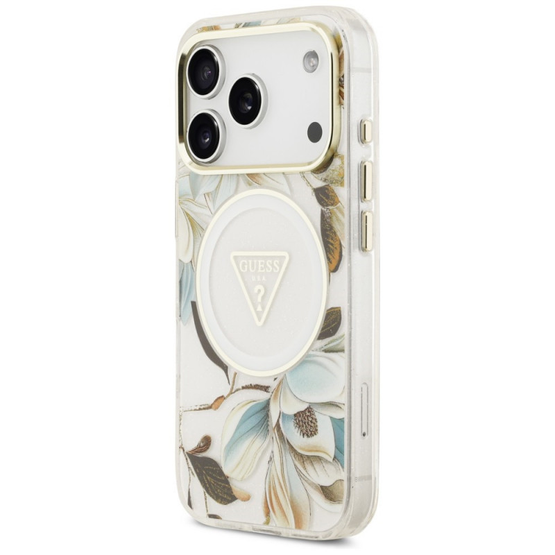 Guess IML Glitter Flowers Triangle MagSafe -suojakotelo Apple iPhone 18 Pro Max / 17 Pro Max -puhelimelle, valkoinen