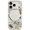 Guess IML Glitter Flowers Triangle MagSafe -suojakotelo Apple iPhone 18 Pro Max / 17 Pro Max -puhelimelle, valkoinen