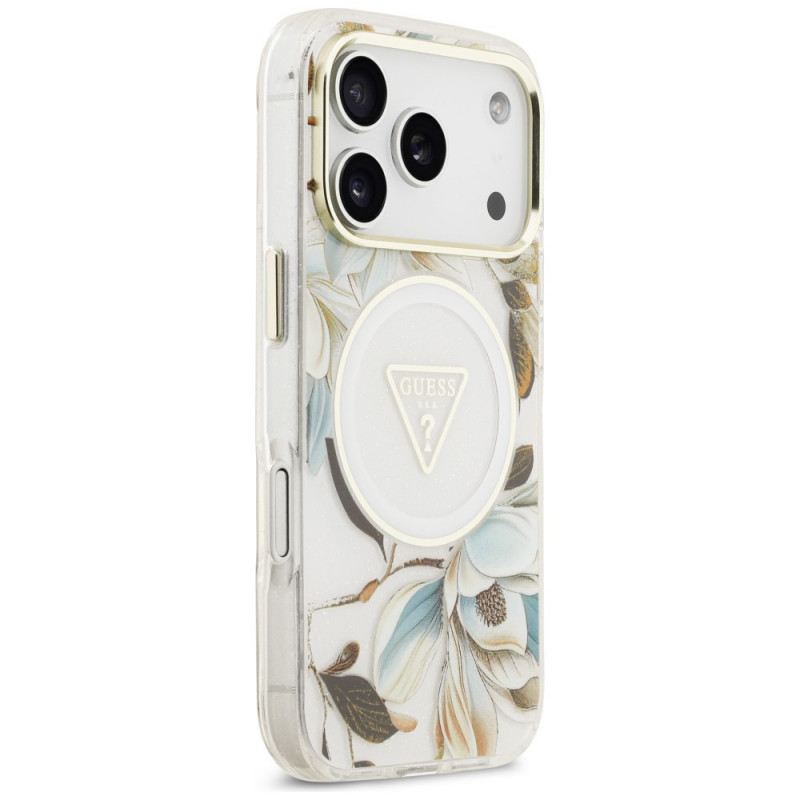 Guess IML Glitter Flowers Triangle MagSafe -suojakotelo Apple iPhone 18 Pro Max / 17 Pro Max -puhelimelle, valkoinen