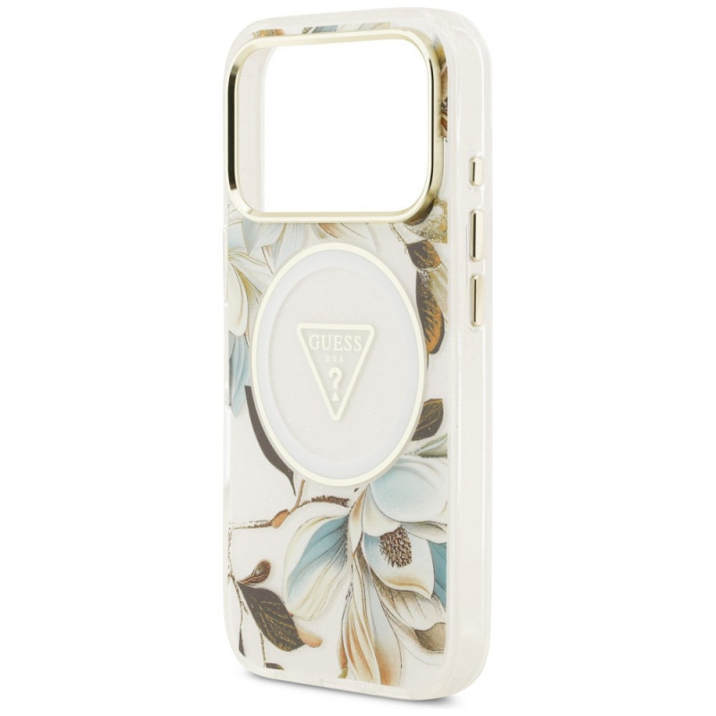 Guess IML Glitter Flowers Triangle MagSafe -suojakotelo Apple iPhone 18 Pro Max / 17 Pro Max -puhelimelle, valkoinen