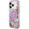 Guess IML Glitter Flowers Triangle MagSafe -suojakotelo Apple iPhone 18 Pro Max / 17 Pro Max -puhelimelle, violetti