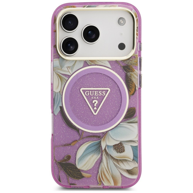 Guess IML Glitter Flowers Triangle MagSafe -suojakotelo Apple iPhone 18 Pro Max / 17 Pro Max -puhelimelle, violetti