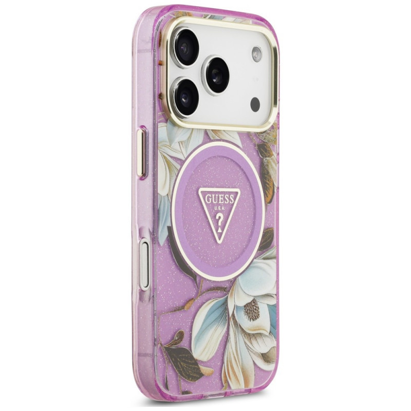 Guess IML Glitter Flowers Triangle MagSafe -suojakotelo Apple iPhone 18 Pro Max / 17 Pro Max -puhelimelle, violetti