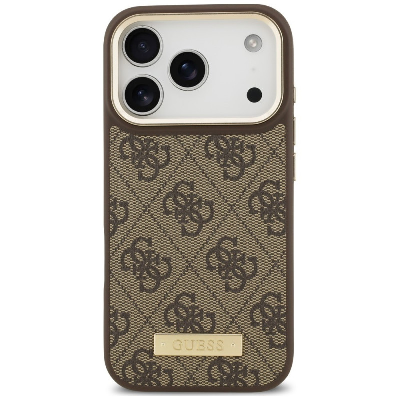Guess 4G Logo Plate MagSafe -suojakotelo Apple iPhone 18 Pro / 17 Pro -puhelimelle, ruskea