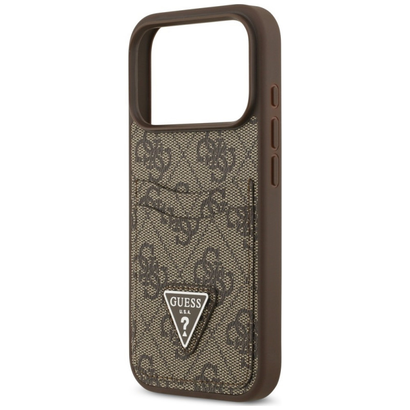 Guess 4G Double Card Triangle -suojakotelo Apple iPhone 18 Pro / 17 Pro -puhelimelle, ruskea