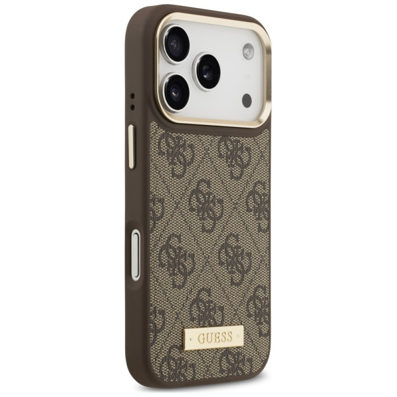 Guess 4G Logo Plate MagSafe -suojakotelo Apple iPhone 18 Pro Max / 17 Pro Max -puhelimelle, ruskea