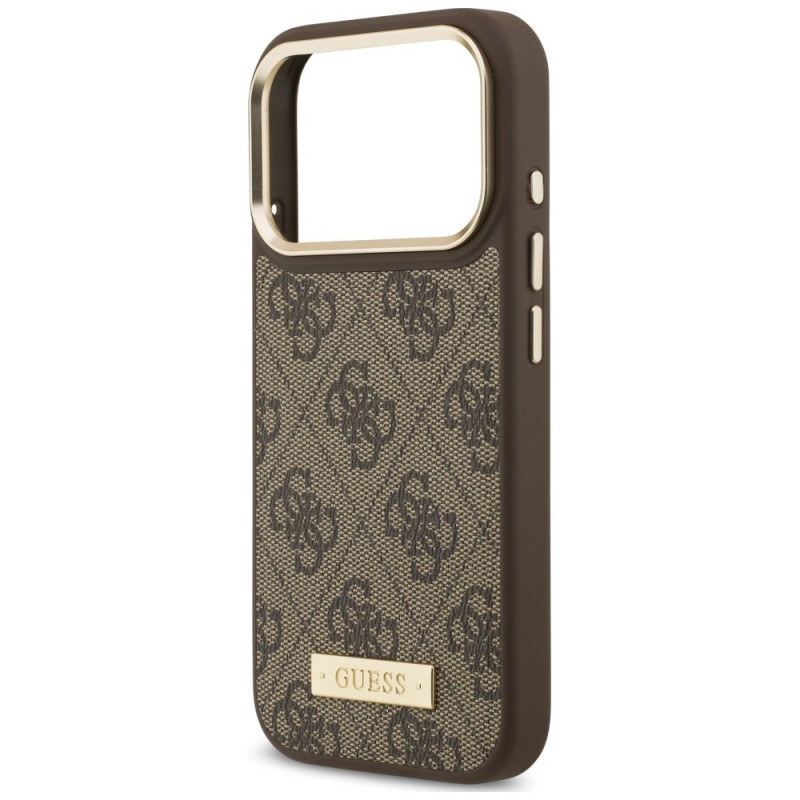 Guess 4G Logo Plate MagSafe -suojakotelo Apple iPhone 18 Pro Max / 17 Pro Max -puhelimelle, ruskea