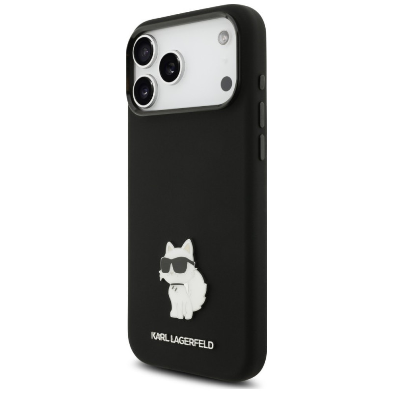 Karl Lagerfeld silikoninen Choupette Metal Pin -suojakotelo Apple iPhone 18 Pro Max / 17 Pro Max -puhelimelle, musta