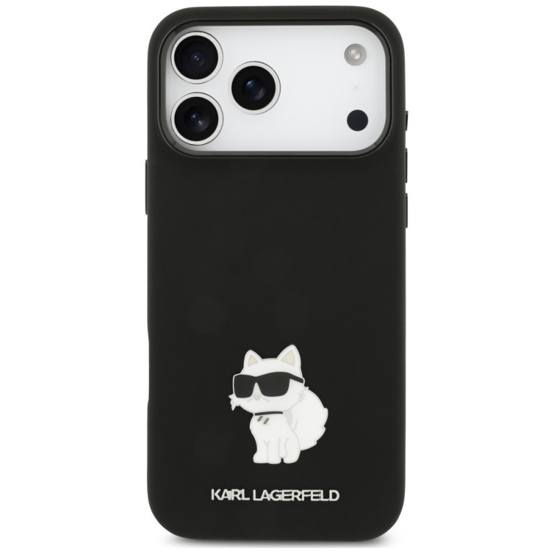Karl Lagerfeld silikoninen Choupette Metal Pin -suojakotelo Apple iPhone 18 Pro Max / 17 Pro Max -puhelimelle, musta