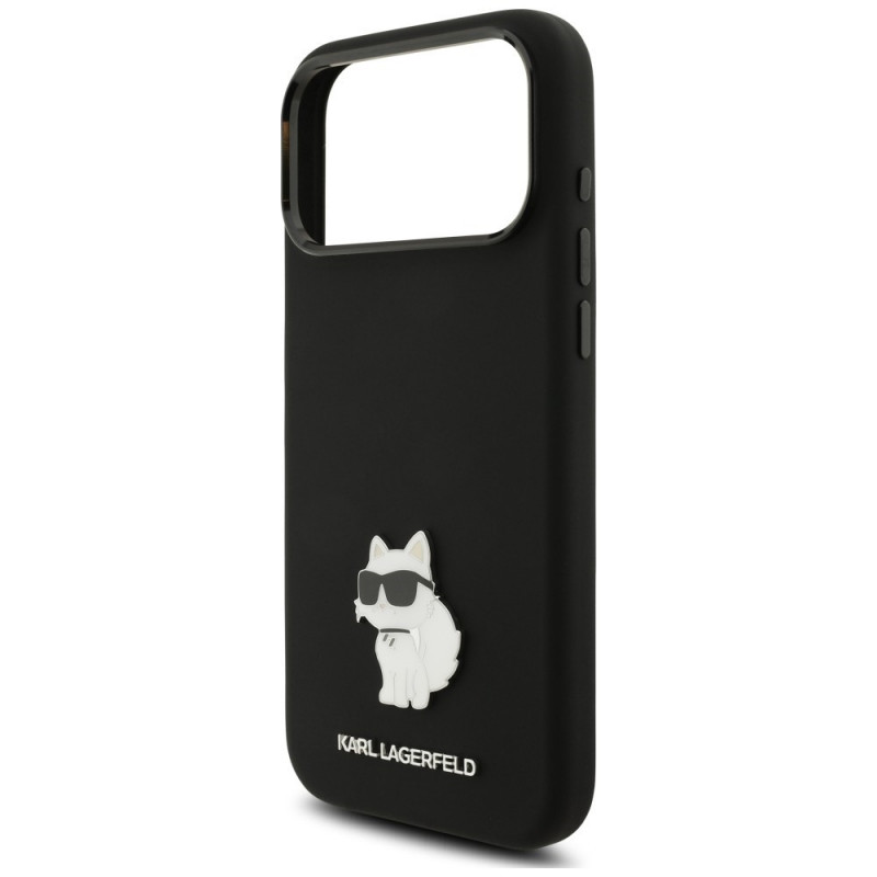 Karl Lagerfeld silikoninen Choupette Metal Pin -suojakotelo Apple iPhone 18 Pro Max / 17 Pro Max -puhelimelle, musta