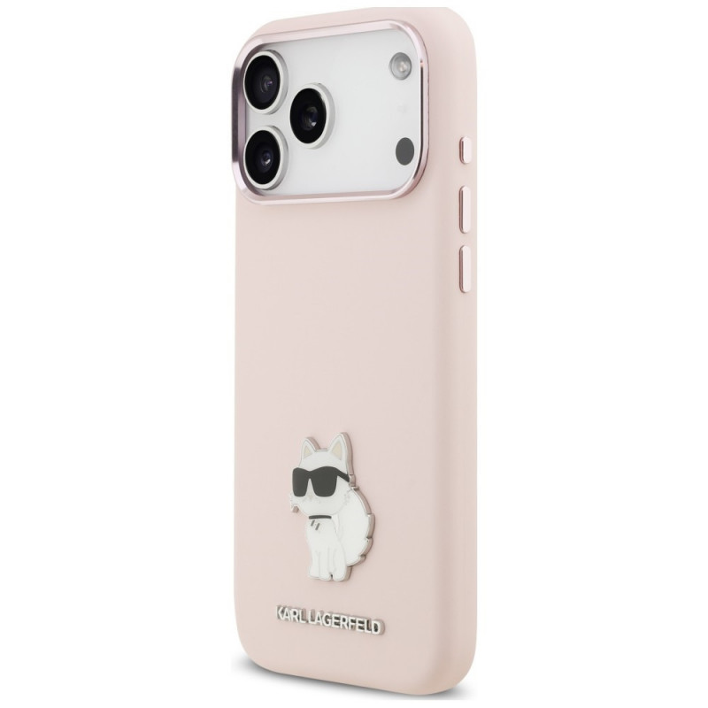 Karl Lagerfeld Silicone Choupette Metal Pin -suojakotelo Apple iPhone 18 Pro Max / 17 Pro Max -puhelimelle, pinkki