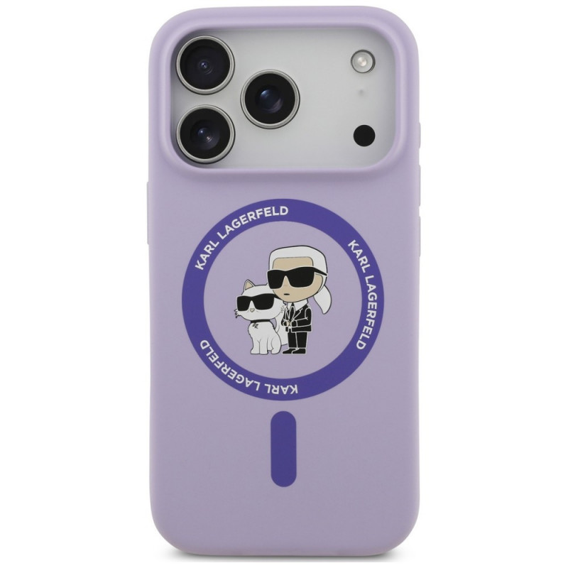 Karl Lagerfeld Silicone Karl&Choupette Ring MagSafe -suojakotelo Apple iPhone 18 Pro / 17 Pro -puhelimelle, violetti