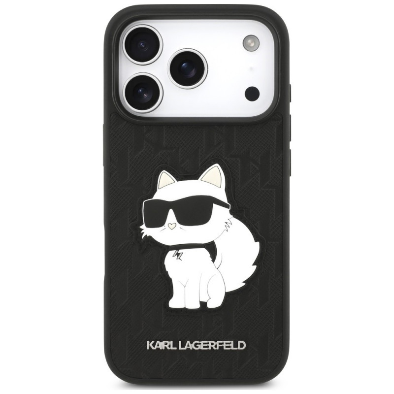 Karl Lagerfeld Saffiano Mono Patch Choupette -kuori Apple iPhone 18 Pro / 17 Pro -puhelimelle, musta