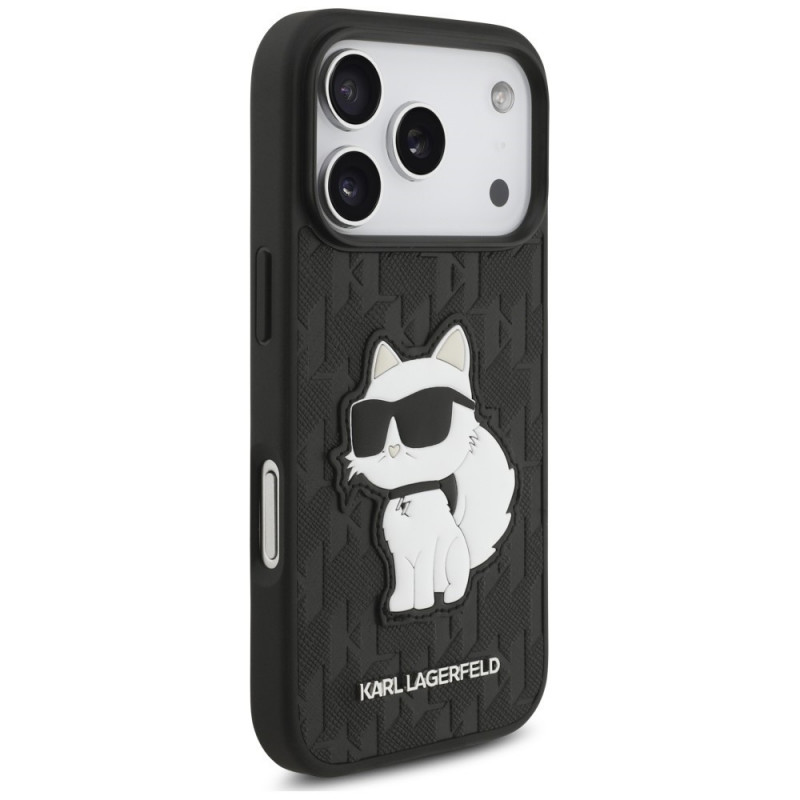 Karl Lagerfeld Saffiano Mono Patch Choupette -kuori Apple iPhone 18 Pro / 17 Pro -puhelimelle, musta