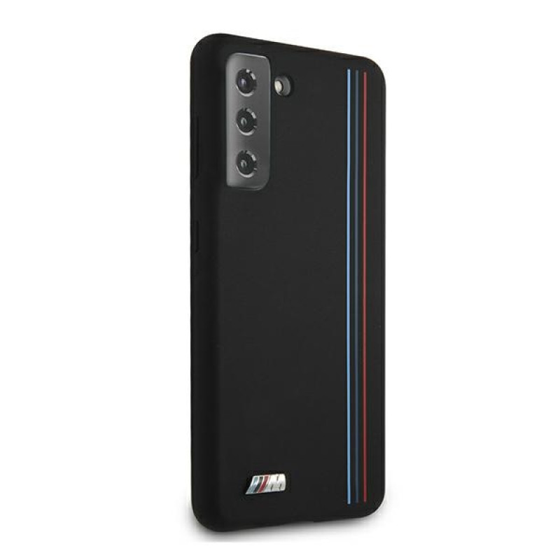 BMW BMHCS21MSIVTBK Silicone Stripes M Collection -suojakotelo Samsung Galaxy S21+:lle, musta
