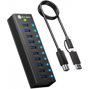 ICY BOX IB-AC6110a 10-porttinen USB 3.2 Gen 2 -keskitin latausportilla, 12 V