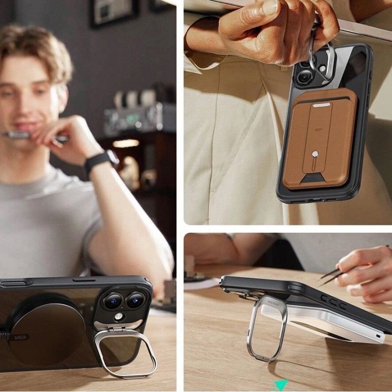 ESR Classic Hybrid Kickstand HaloLock MagSafe -kuori karkaistulla lasilla Apple iPhone 16 -puhelimelle, kirkas/musta