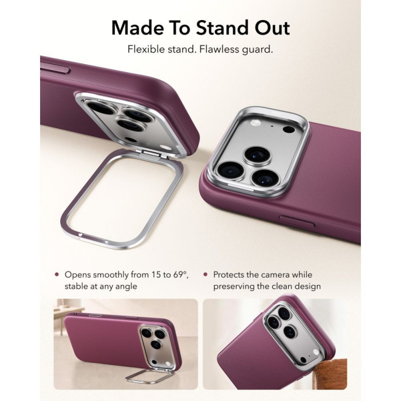 ESR Leather Kickstand MagSafe -nahkakotelo Apple iPhone 17 Pro / 18 Pro -puhelimelle, Deep Burgundy