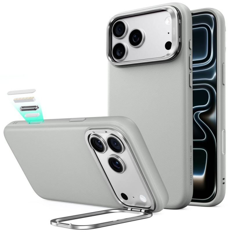 ESR Leather Kickstand MagSafe -nahkainen kotelo Apple iPhone 17 Pro / 18 Pro -puhelimelle, harmaa