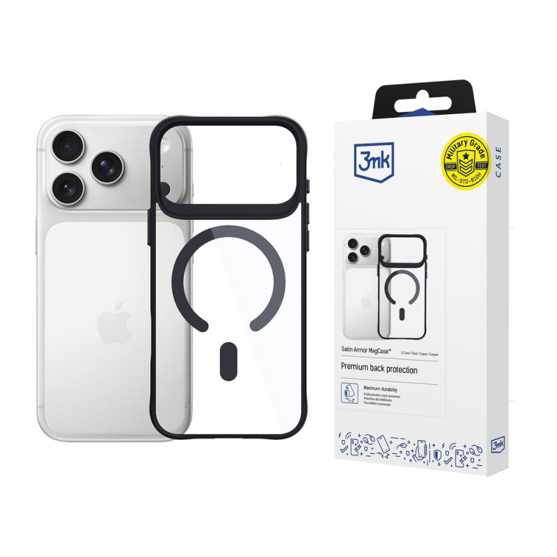 3MK Satin Armor MagCase -kuori Apple iPhone 17 Pro -puhelimelle, läpinäkyvä musta