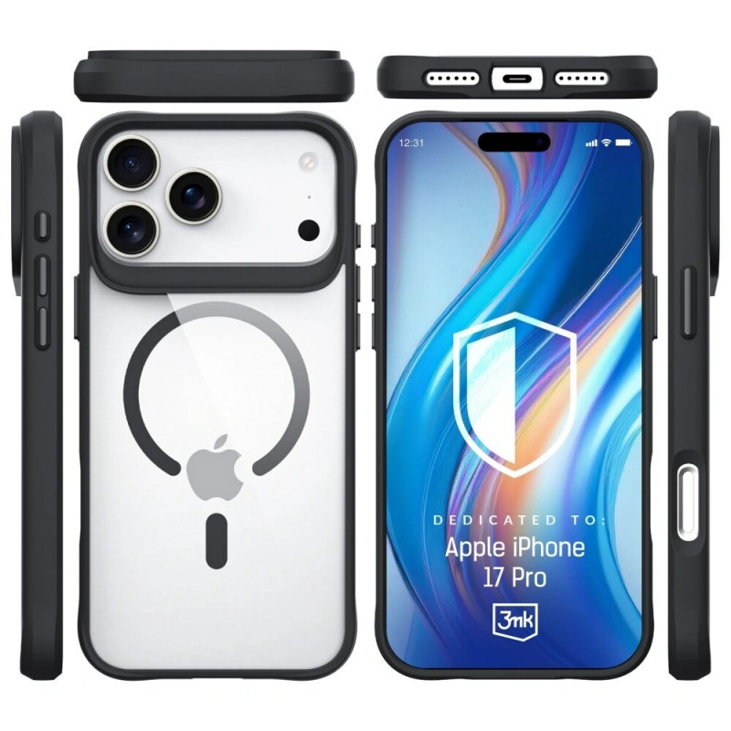 3MK Satin Armor MagCase -kuori Apple iPhone 17 Pro -puhelimelle, läpinäkyvä musta
