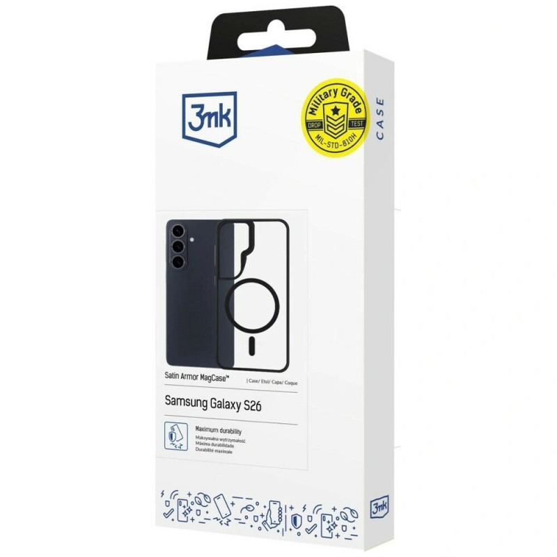 3mk Satin Armor MagCase Samsung Galaxy S26 suojakotelo, läpinäkyvä musta