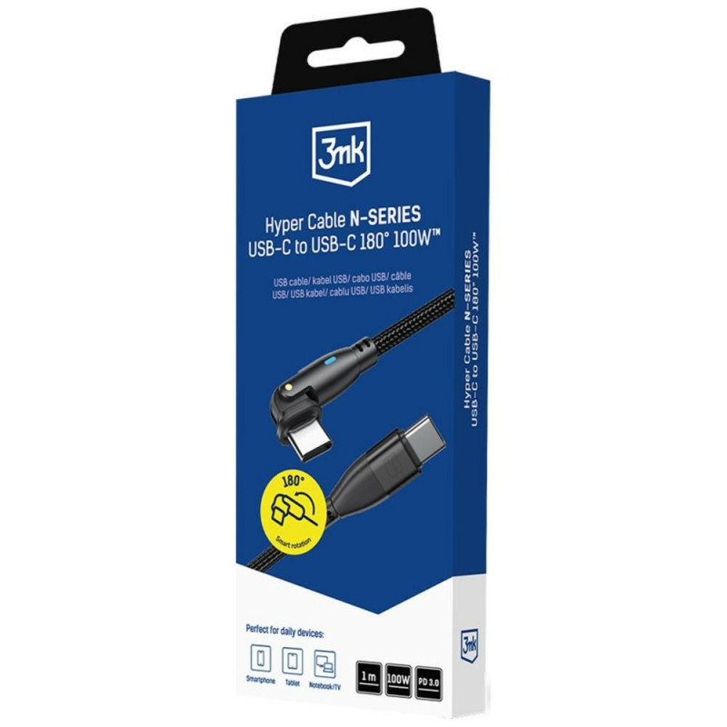 3MK Hyper Cable N-SERIES USB-C - USB-C -kaapeli 180° kääntyvällä liittimellä, 1 m, 100 W, musta