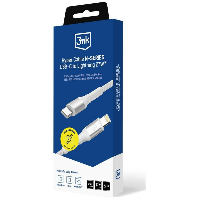 3MK Hyper Cable N-SERIES USB-C - Lightning -kaapeli, 2 m, 27 W, valkoinen