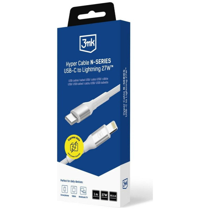 3MK Hyper Cable N-SERIES USB-C - Lightning -kaapeli, 1 m, 27 W, valkoinen